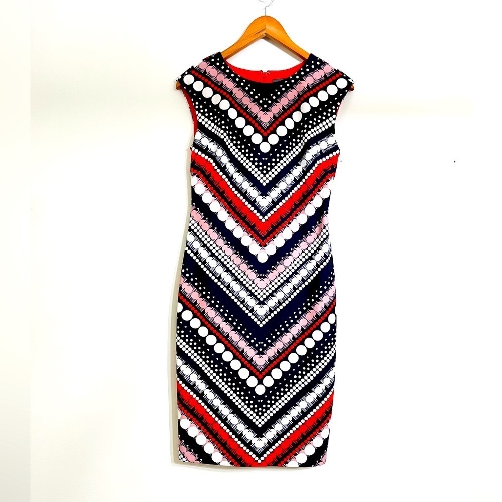 Vince Camuto Cocktail Dress Sz 6 Bodycon Sleeveless Orange‎ White Blue Geometric